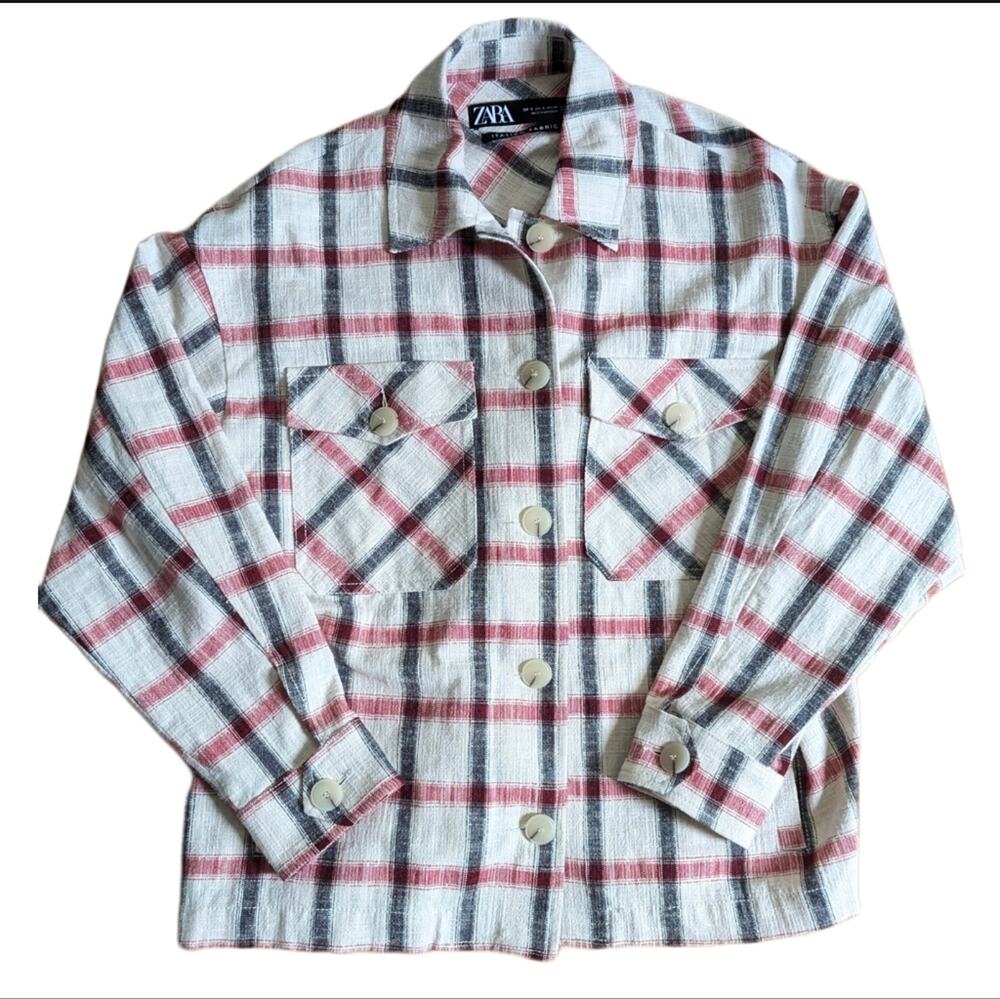 Zara Linen Feel Italian Fabric Plaid Button Down Lightweight Relaxed Shacket